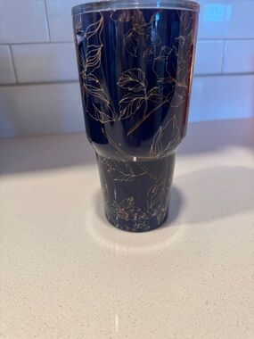 Insulated Floral Travel Tumbler - Navy with Gold Leaf Accents